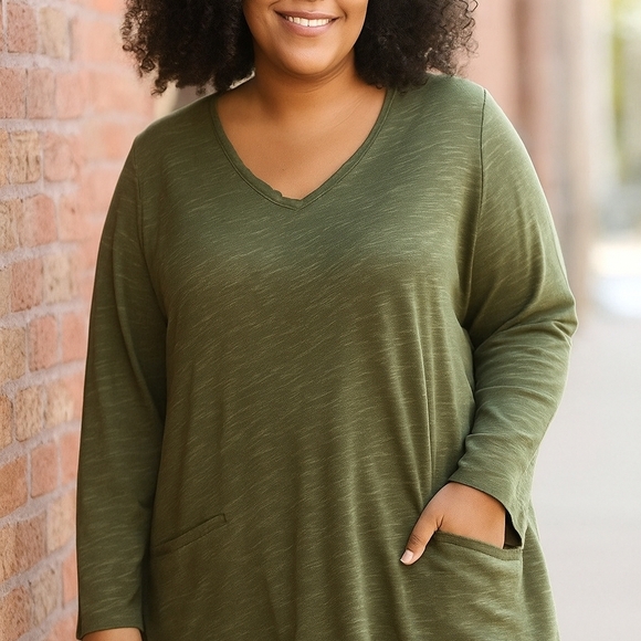 J.Jill XL Green Tunic Top V-Neck Pocket Long Sleeve Slub Knit‎ Relaxed Fit - Picture 1 of 9